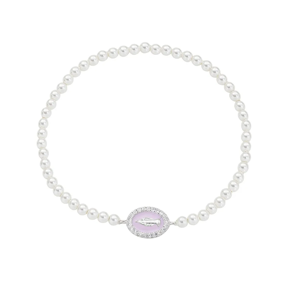 Bracciale di Perle con Medaglia Miracolosa e Smalto Rosa Perla