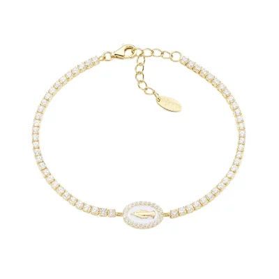 Bracciale Tennis Dorato con Miracolosa e Smalto Bianco Perla