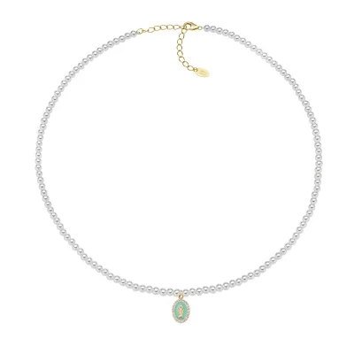 Collana di Perle con Medaglia Miracolosa Dorata e Smalto Verde Mare